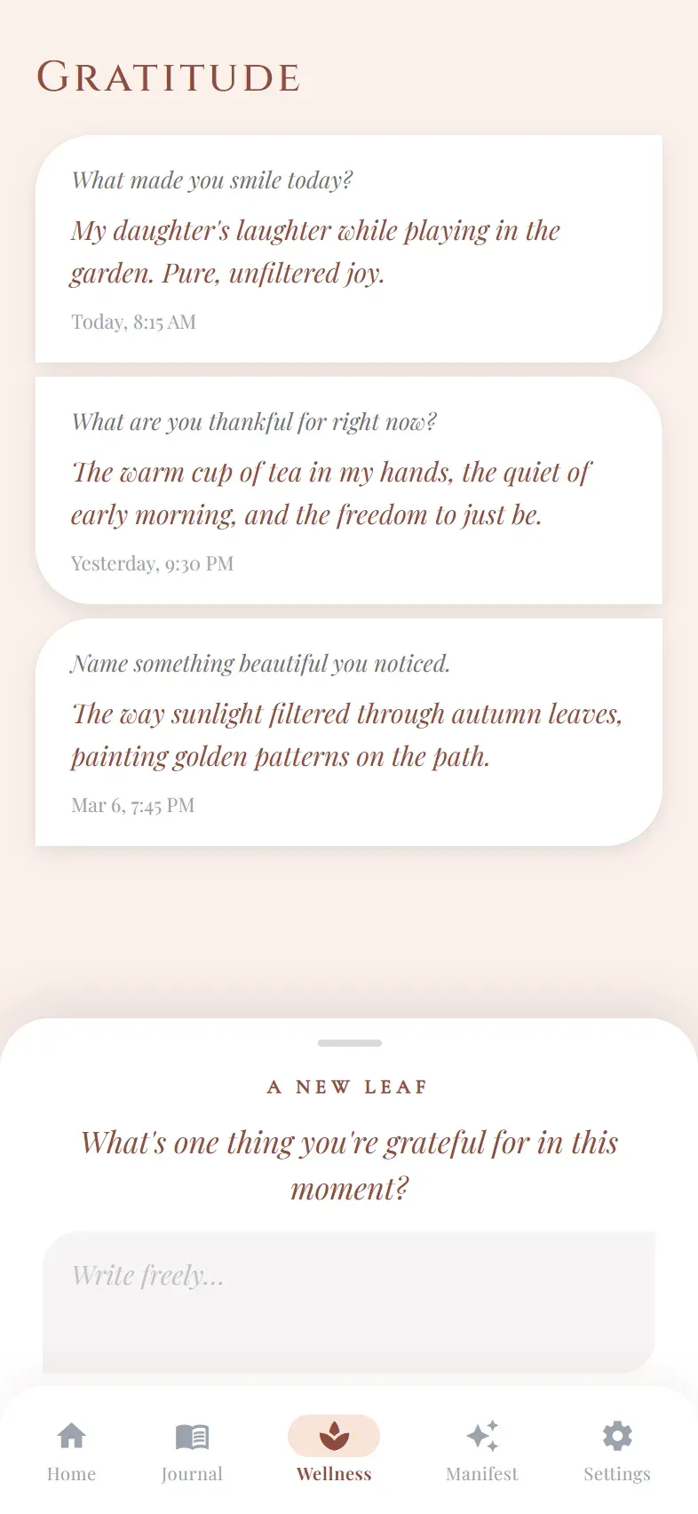 The gratitude screen in the Let it be… app, a short list of small good things