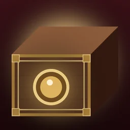 Curio game icon, a small wooden puzzle box with a glowing lid panel