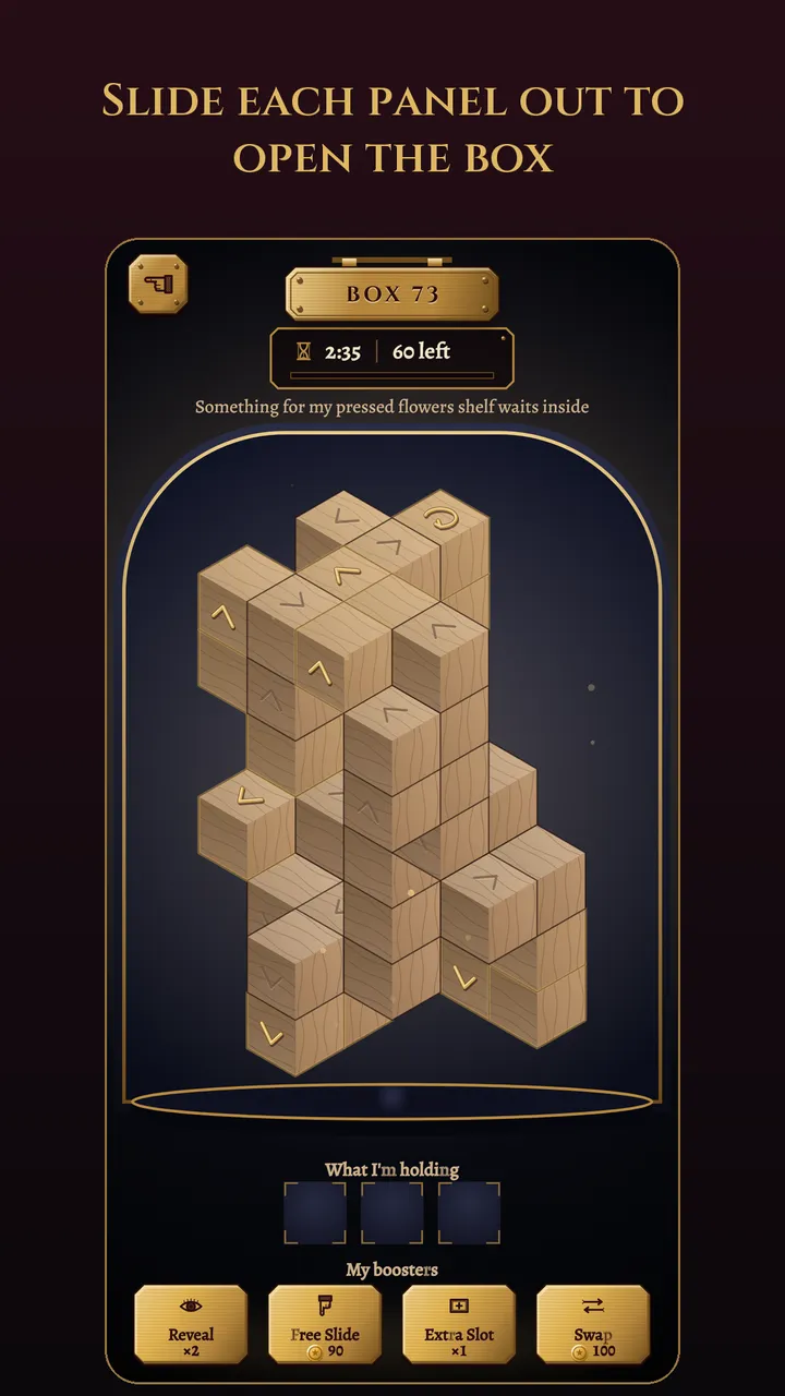 Curio unscrew puzzle game level showing a tall wooden box built from sliding panels