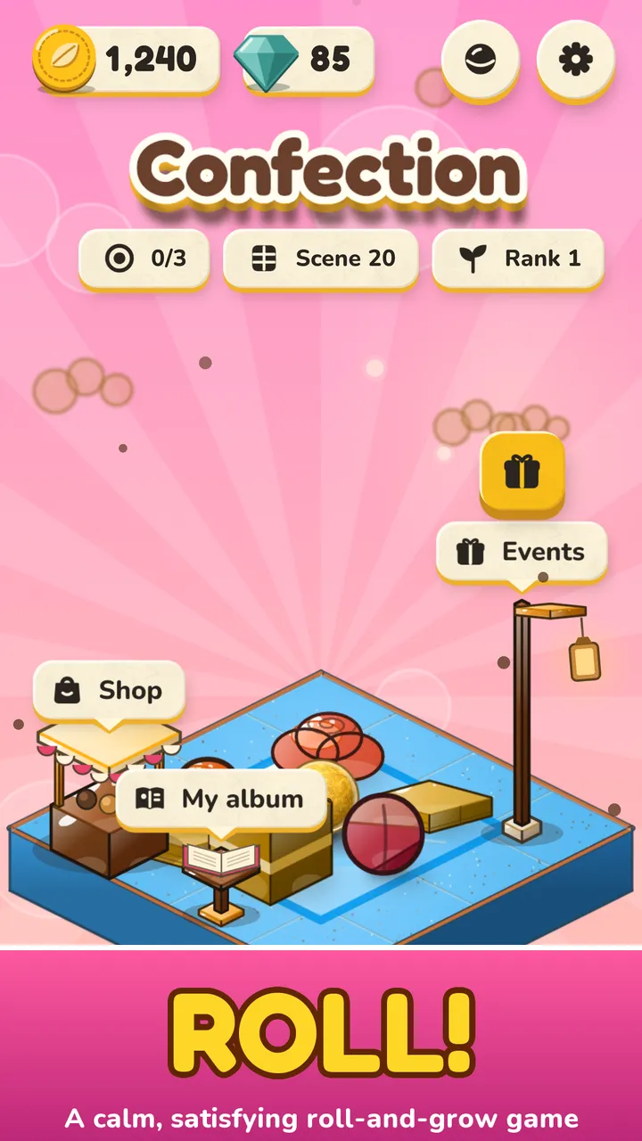 Drift roll and grow game hub in the Confection collection with a Shop button and My album