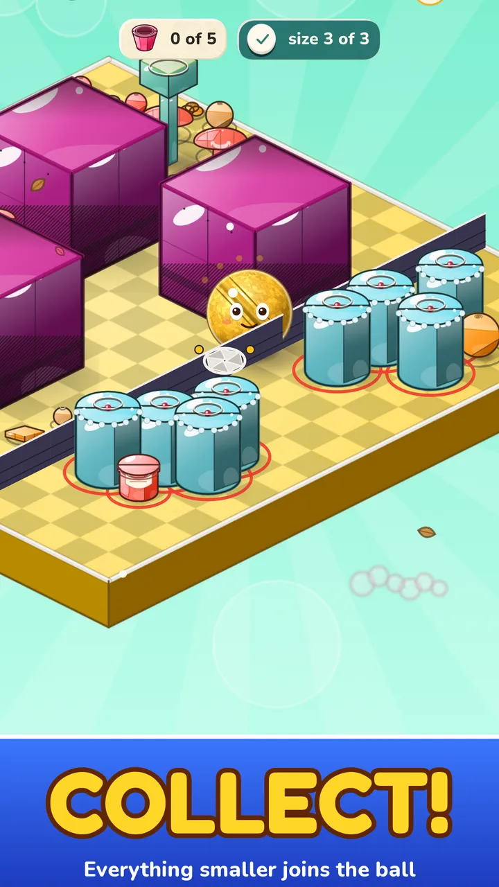 Drift ball game scene where the ball collects jars and boxes smaller than itself on a checkered floor