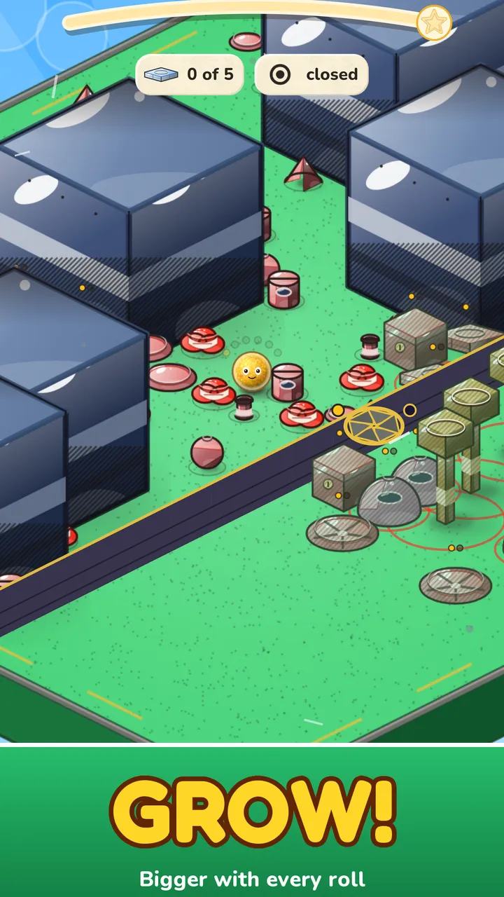 Drift scene with a larger ball growing among bigger boxes, caption saying bigger with every roll