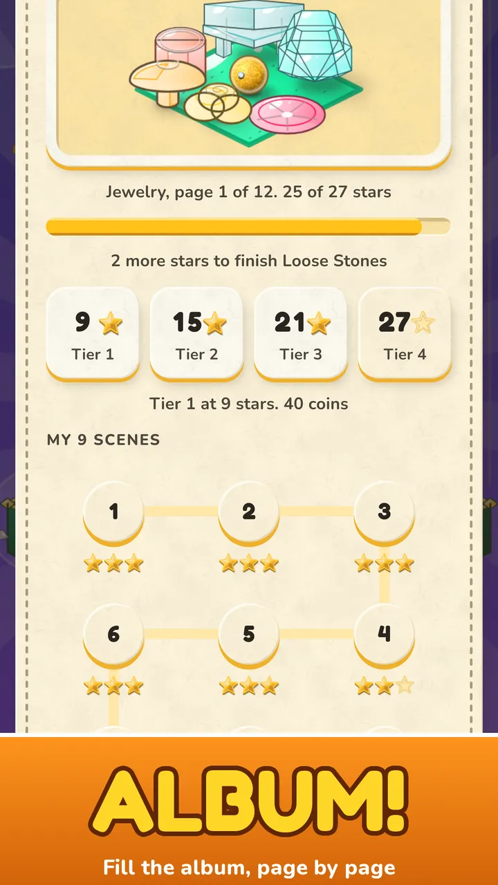 Drift album screen showing a Jewelry page filled with stars by tier