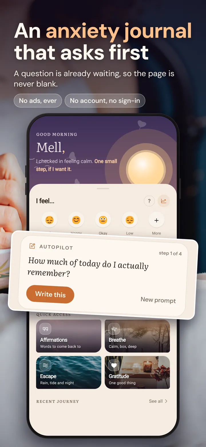 Let it be... home screen of the journal app with a mood check-in row and a guided prompt asking how much of today I actually remember