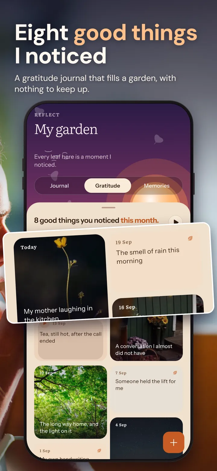 Gratitude garden screen in the journal app with a month of good things noticed, shown as photo and text cards