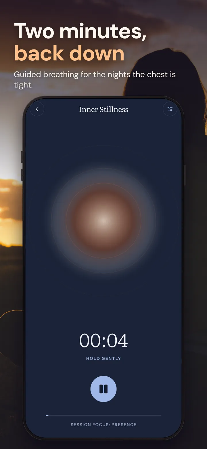 Guided breathing session screen in the journal app with a soft glowing circle and a timer