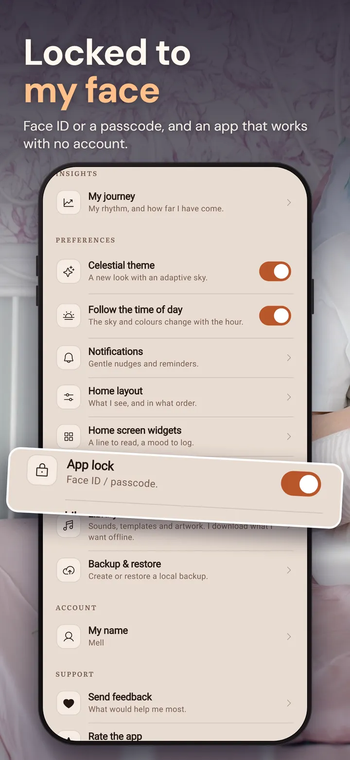 Settings screen of the private journal app with the app lock switch turned on
