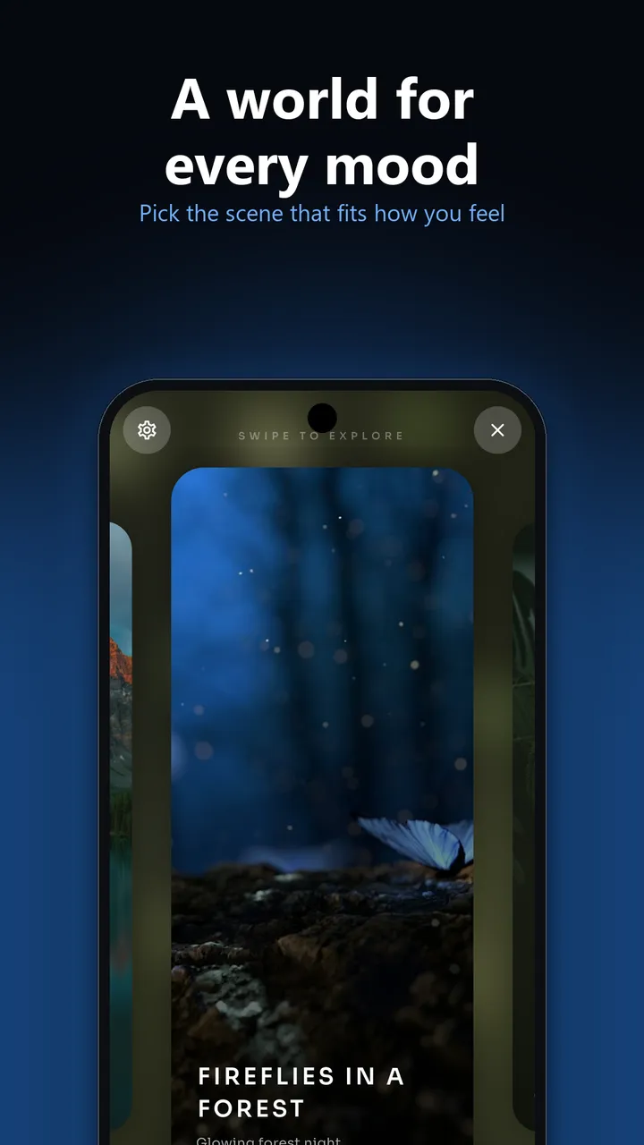 Theme carousel in the fluid relaxation app with the Fireflies in a Forest scene in front
