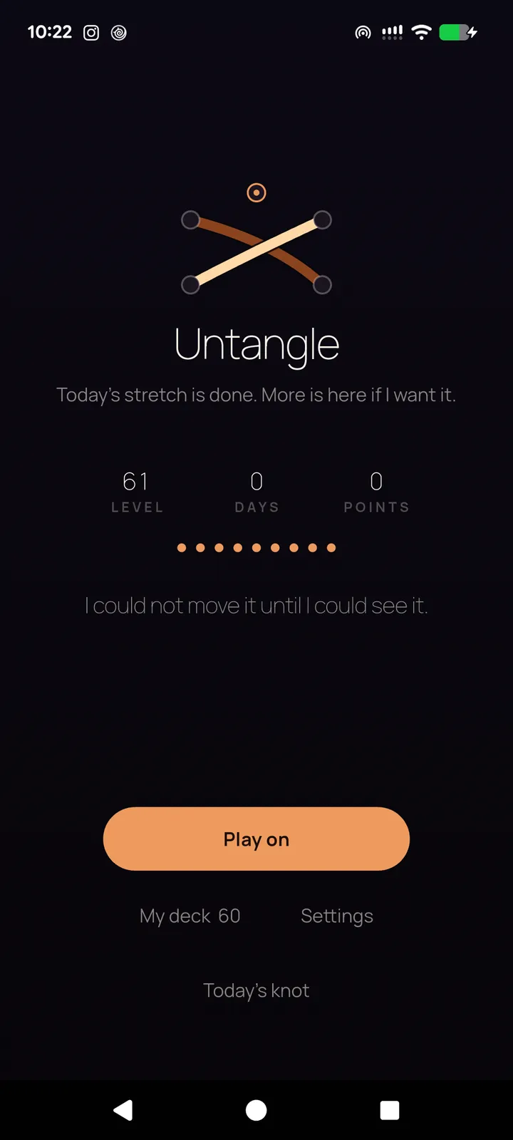 Untangle rope puzzle game path screen with level, streak, points and a Play on button