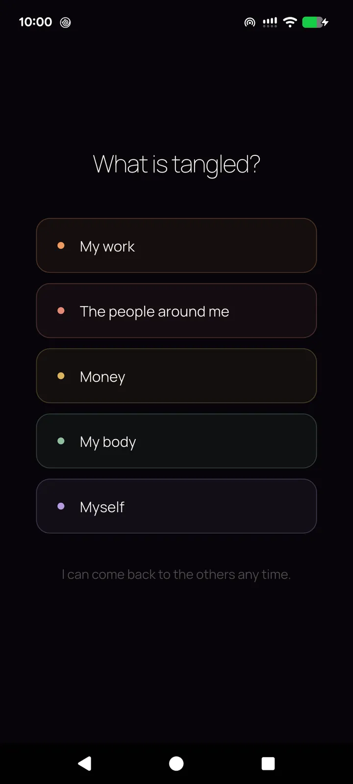 Untangle chapter choice screen asking what is tangled, with work, people, money, body and myself